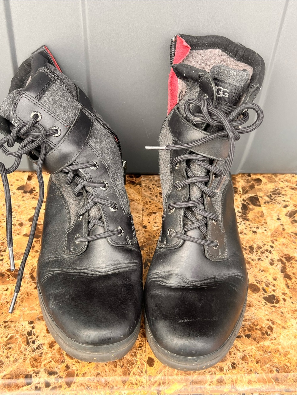 UGG Black Lace-Up Leather & Felt Ankle Boots with Red Lining
